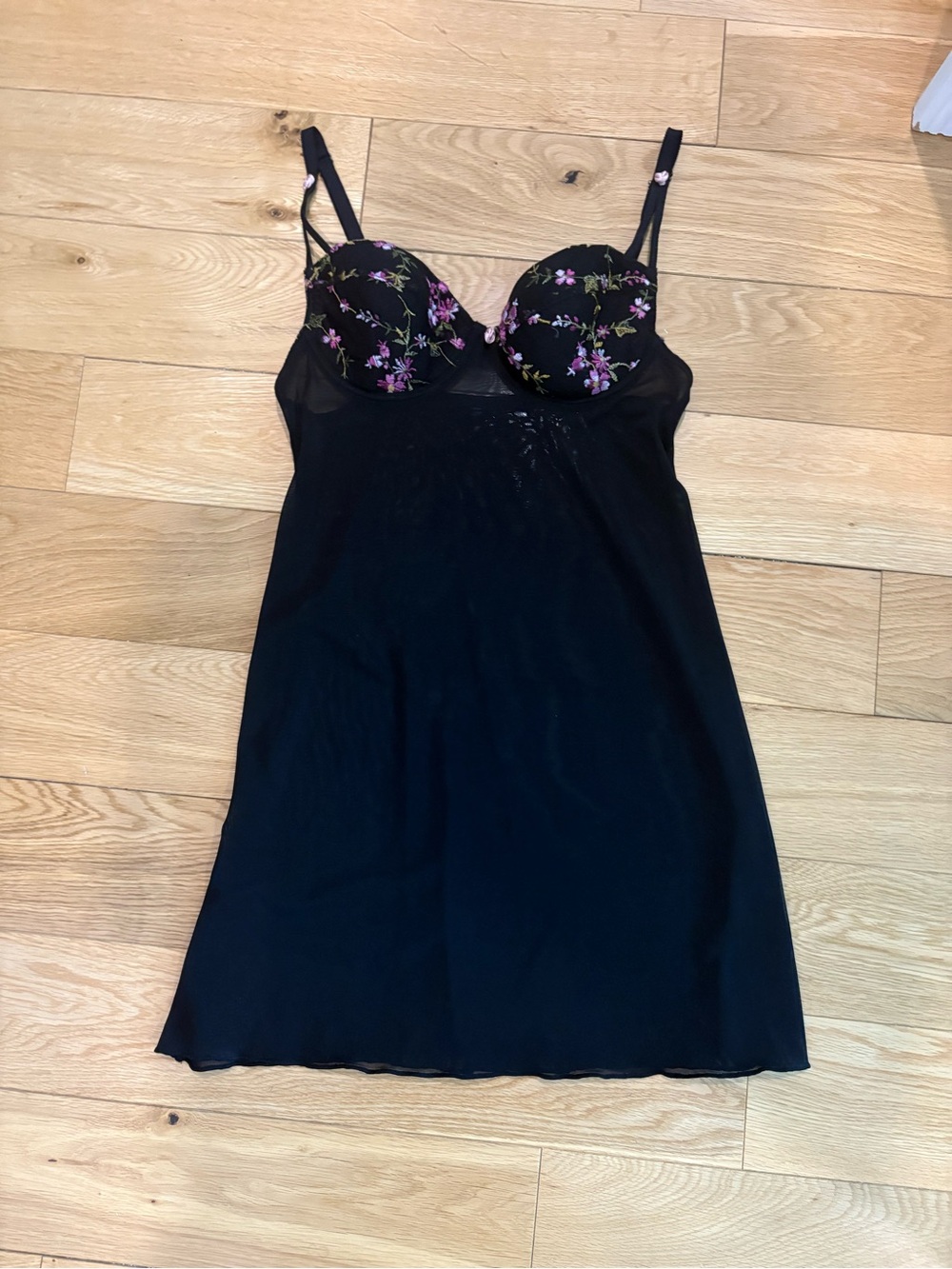 Black Floral-Accent Slip Dress with Built-In Bra
